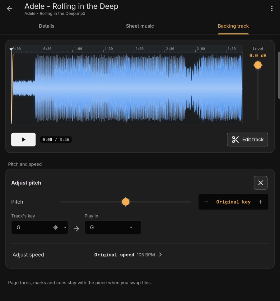 Pitch adjustment: semitone slider and detected key display.