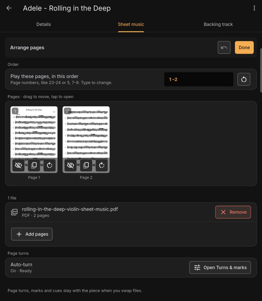 Arrange pages: playing order input box and page thumbnails with hide, duplicate and rotate.
