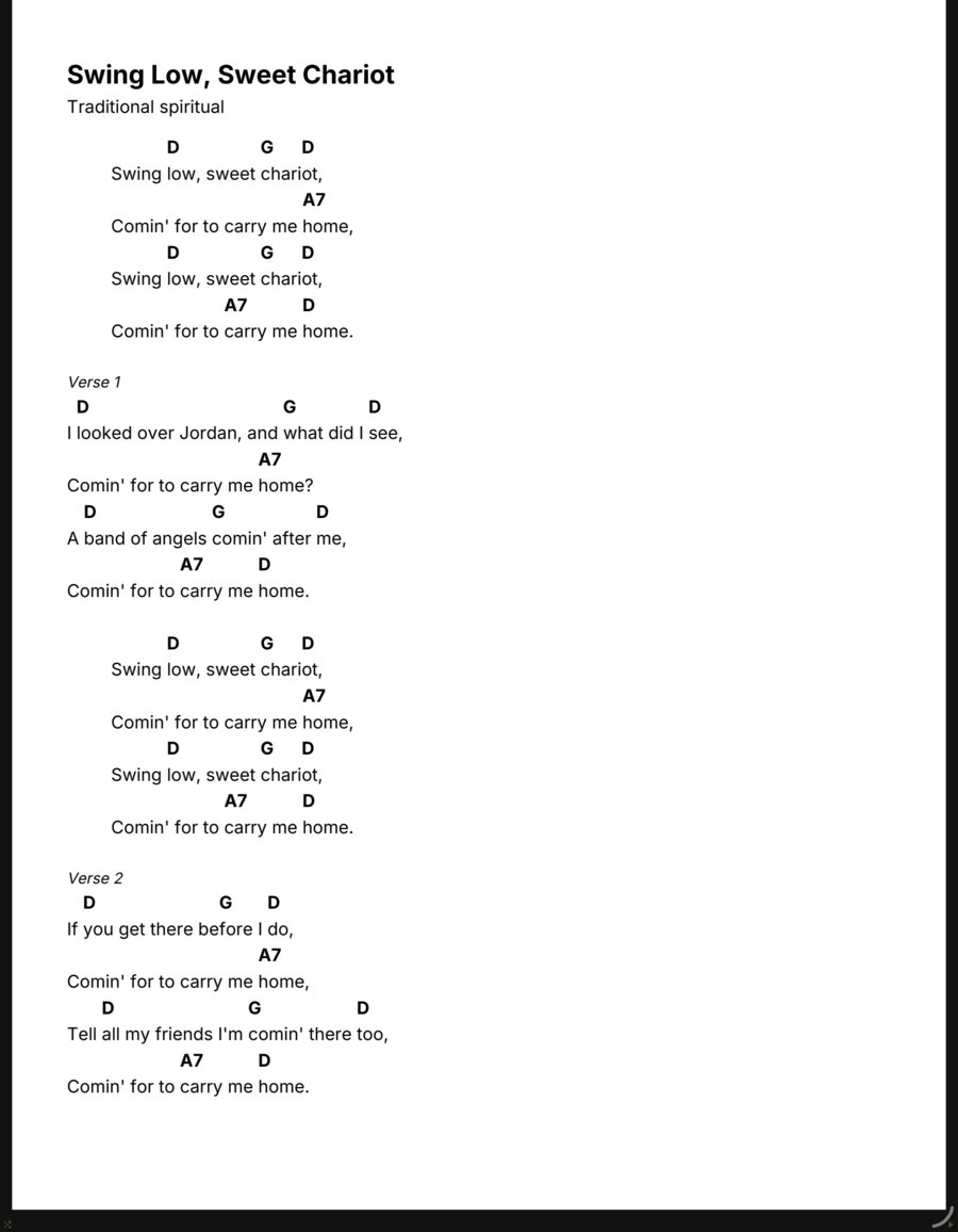 A ChordPro chart of Swing Low, Sweet Chariot shown as sheet music: chords over the words, the chorus indented, verses labeled.