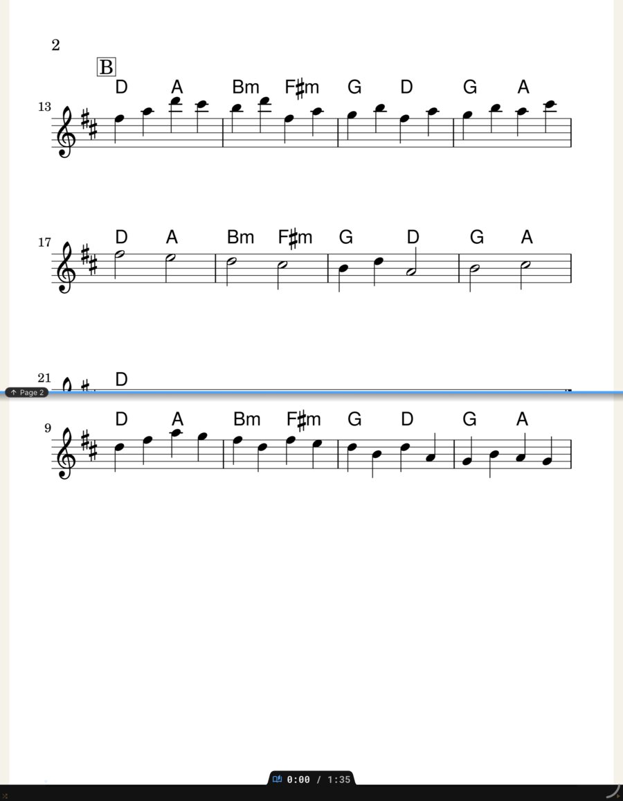 Turns half a page on an iPad held upright: the top half already shows page 2, a blue band marks the turn, and the bottom half is still page 1.