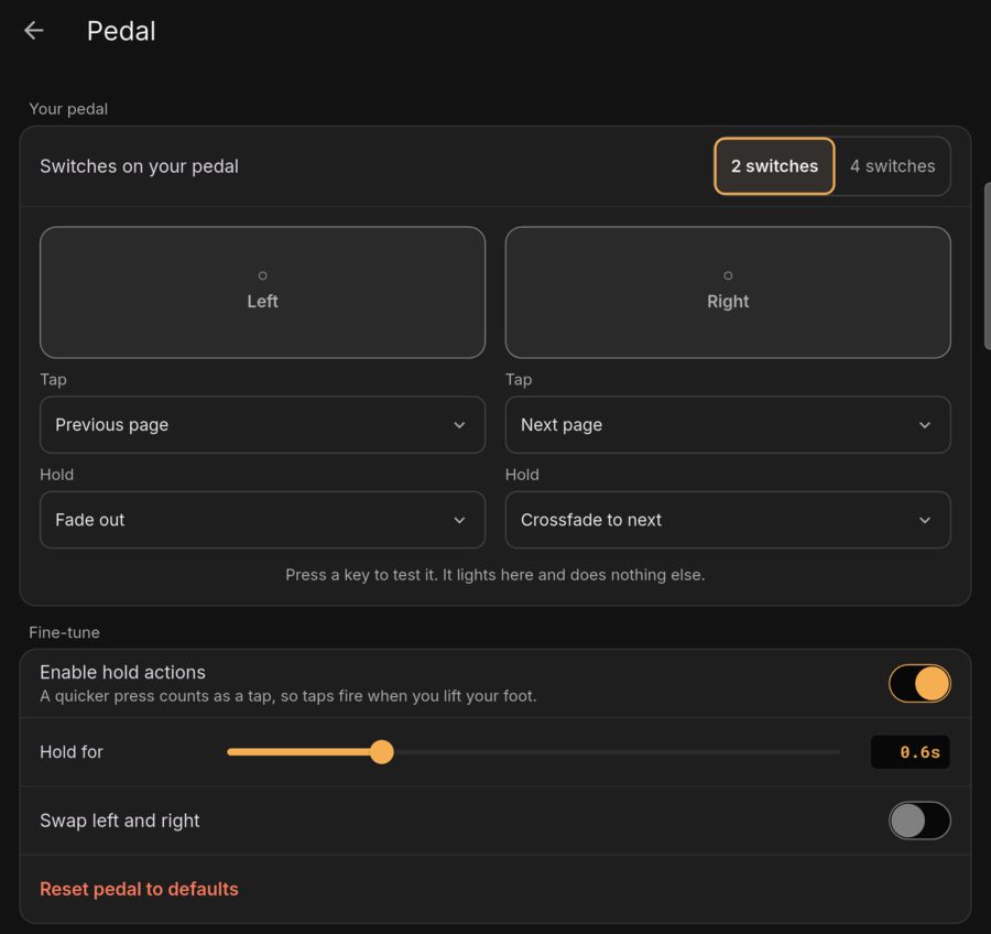 Pedal settings: two or four switches, tap and hold actions for each, and hold time.