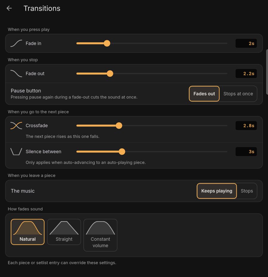 Transitions settings: fade in, fade out, crossfade, silence between, and fade shapes.