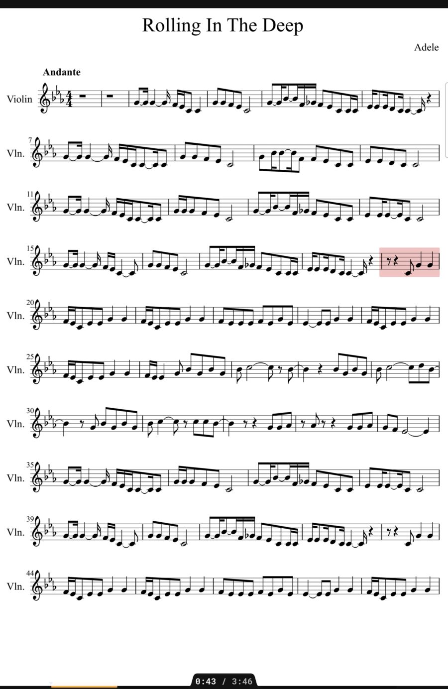 Sheet music with dynamic cues and handwritten timings while its backing track plays.
