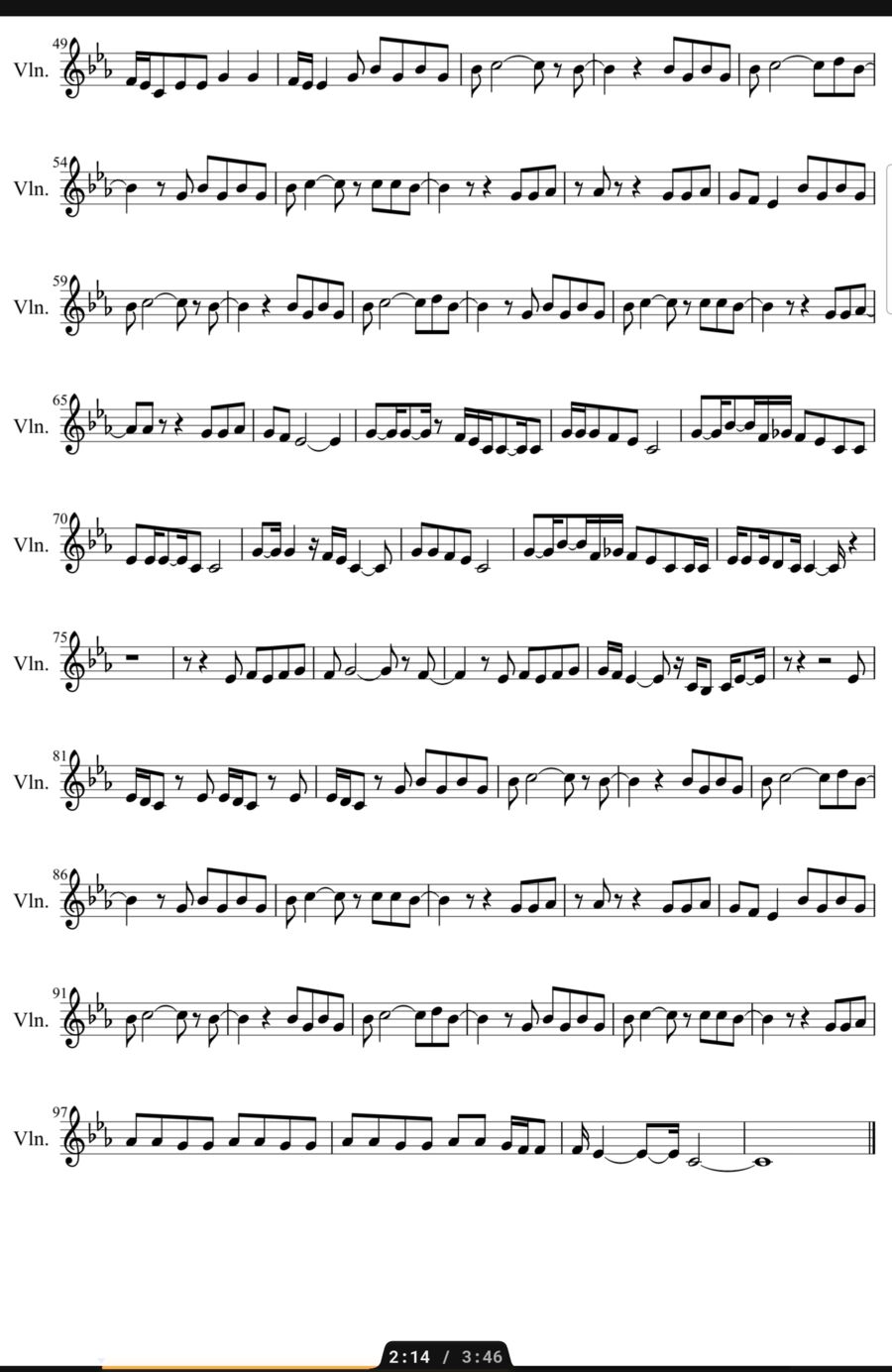 A page of the score with a hand-drawn red line, after an automatic page turn.