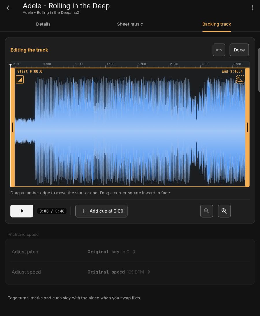 Editing a backing track: the waveform between start and end edges, fade corners, and Add cue button.