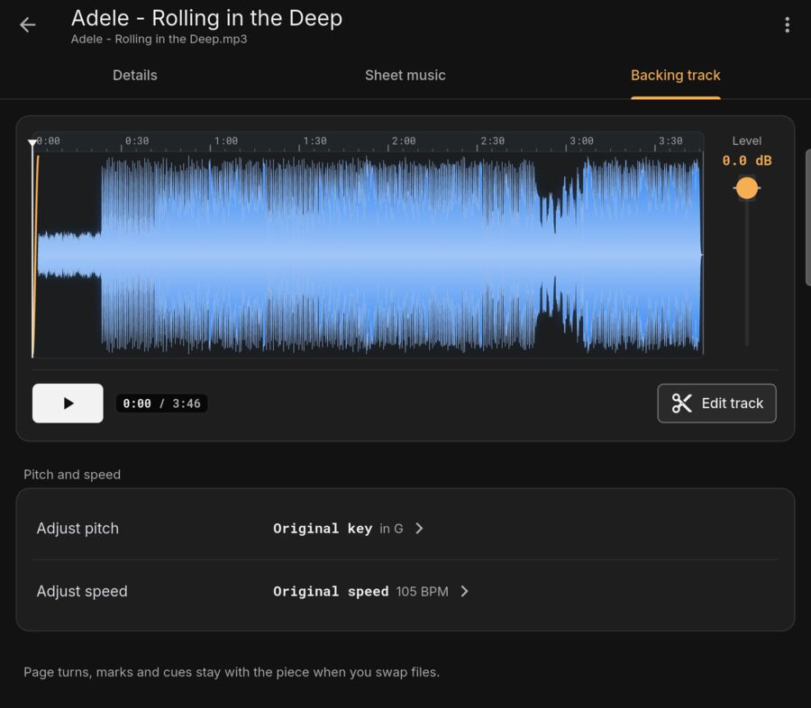 A piece's Backing track tab: the waveform, level, and pitch and speed.