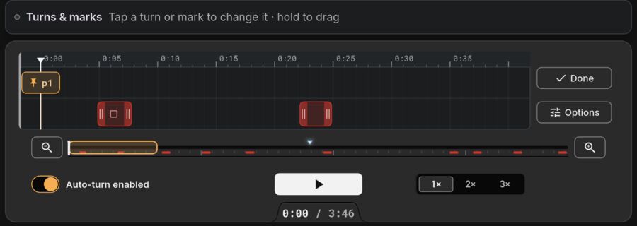 The turns lane: page 1 and page 2 markers on the track's audio timeline.